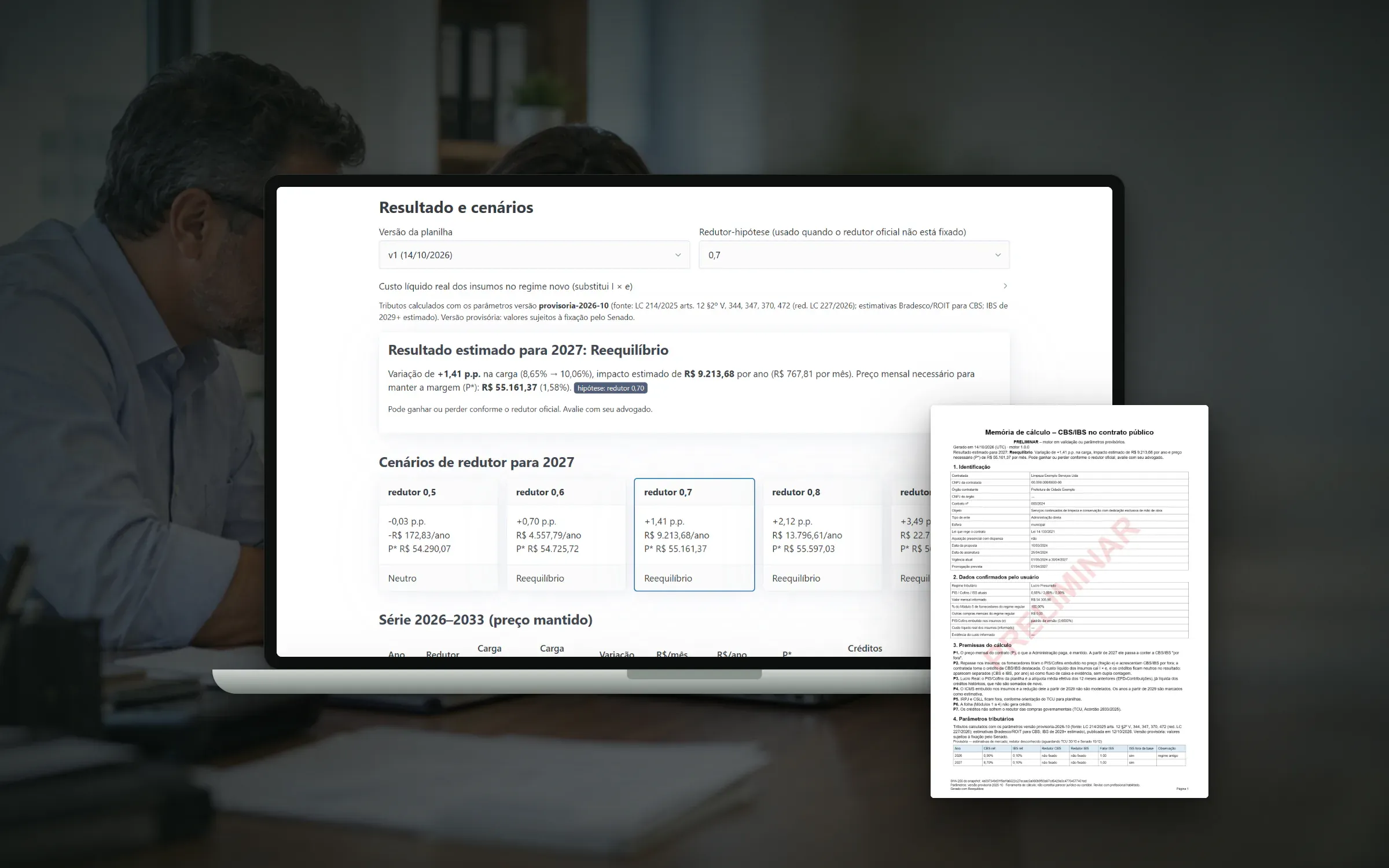 Painel do contrato no Reequilibra, com dados fictícios